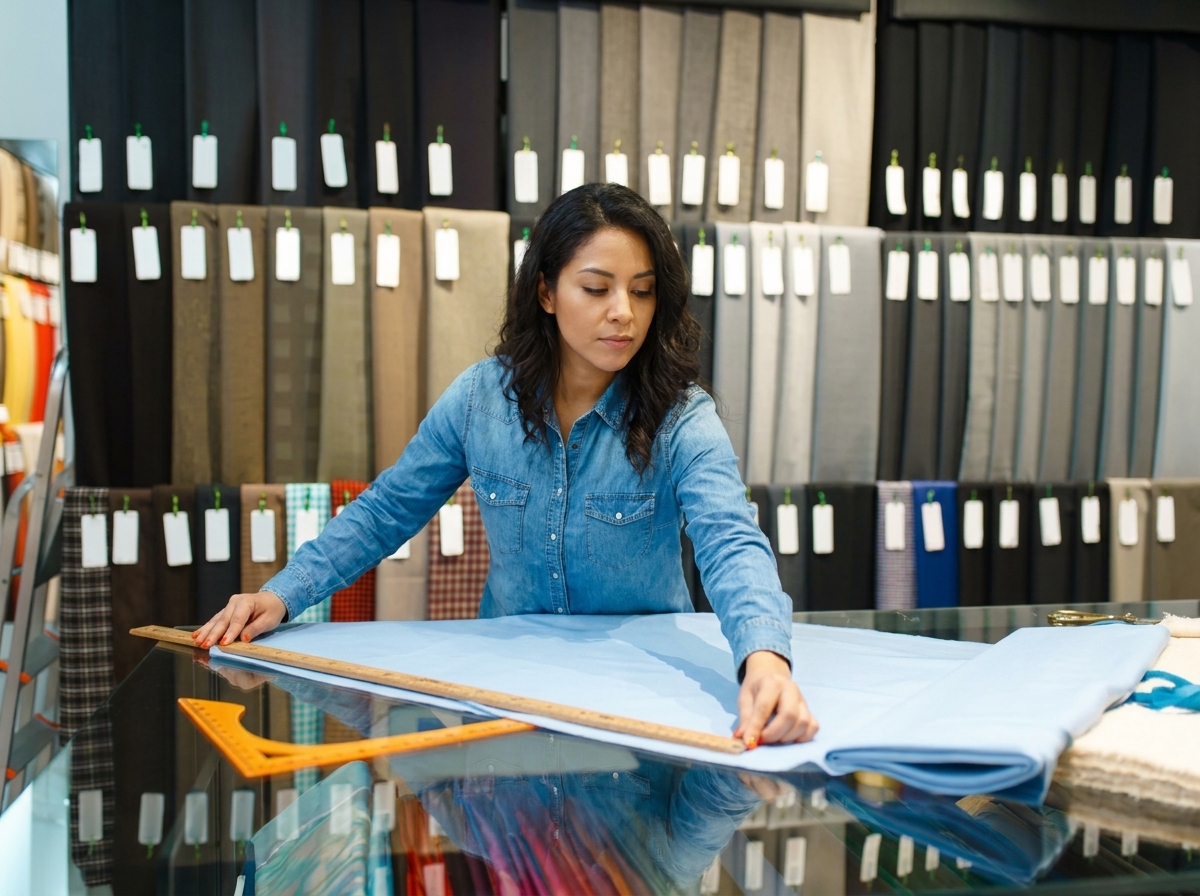 Vendedora midiendo un corte de tela azul sobre el mostrador de la tienda